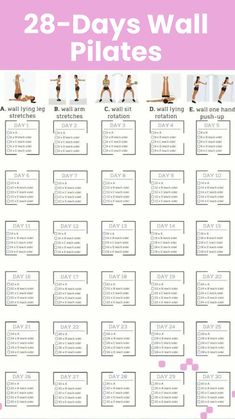 the 28 days wall pilates workout plan is shown in pink and white, with instructions