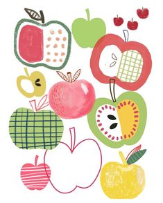 an illustration of apples and apple slices on a white background with green, red, yellow, and orange designs