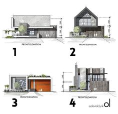 four different views of the front elevation and side view of a house with three levels