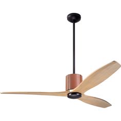 a ceiling fan with wooden blades and leather strap