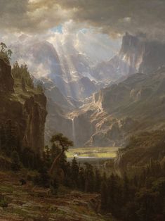 a painting of mountains and trees in the foreground, with sunlight coming through clouds