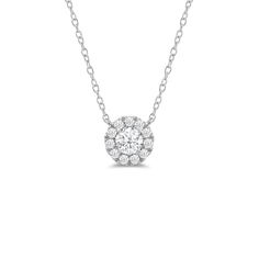 That one piece that will inject a shot of glamour into your looks. This white gold necklace features round diamond surrounded by a halo of smaller round diamonds. Four prongs secure the center diamond in place. The timeless look of this necklace allows you to pair it with almost any of your favorite outfits. Classic Diamond Necklace With Halo Detail, White Gold Diamond Pendant With Halo Setting, Classic Diamond Halo Necklace, Fine Jewelry Diamond Necklace With Halo Setting, White Gold Diamond Pendant Necklace With Halo Setting, Anniversary Halo Diamond Necklace With Round Cut, Round Lab Grown Diamond Necklace With Halo Setting, Anniversary Round Cut Halo Diamond Necklace, White Gold Round Solitaire Necklace With Halo Setting