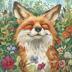 a painting of a fox with its eyes closed and flowers in the grass behind it