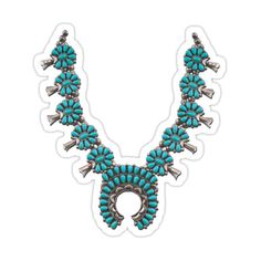 Decorate laptops, Hydro Flasks, cars and more with removable kiss-cut, vinyl decal stickers. Glossy, matte, and transparent options in various sizes. Super durable and water-resistant. This unique jewelry graphic of a beautiful turquoise & silver squash blossom necklace will become a favorite. Squash blossoms are made in the southwest jewelry traditions of the Native American Zuni and Hopi tribes. It will look great worn by itself over a faded pair of jeans or under a suede or leather jacket. Cr Expensive Necklaces, Hopi Tribe, Silver Squash Blossom Necklace, Squash Blossoms, Turquoise Squash Blossom, Out To Lunch, Bronze Earrings, Southwest Jewelry, Squash Blossom Necklace