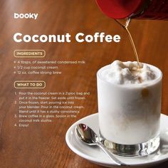 an advertisement for a coffee drink being poured into a cup with whipped cream on top