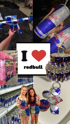 two girls are holding up cans of red bull