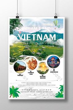 a poster with the words vietnam on it and pictures of different places in front of them