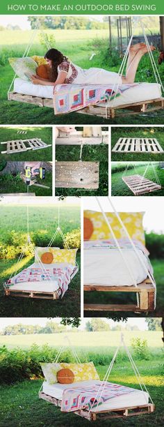 an outdoor bed swing with instructions to make it easy and comfortable for the whole family