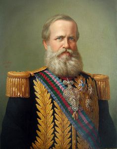 an oil painting of a man with a beard and wearing a gold uniform, holding a colorful ribbon around his neck