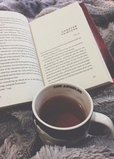 an open book and cup of tea on a blanket