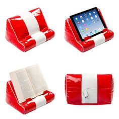 four different types of red and white cases with an ipad on one side, another in the other