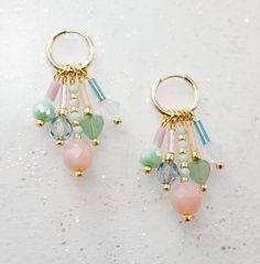 Pastel Dangle Earrings, Beaded Charm Earrings, Pearl Hoop Earrings, Dangle Huggie Hoops, Statement Earrings, Gemstone Earrings, Pearl Dangle - Etsy Pink Dangle Earrings With Charms, Dainty Earrings With Dangling Round Beads, Dainty Dangle Charm Earrings, Dainty Beaded Dangle Earrings, Dainty Dangle Earrings With Charms, Dangle Hoop Earrings With Charms, Hoop Earrings With Charms For Jewelry Making, Bohemian Dangle Earrings With Charms, Bohemian Dangle Charm Earrings