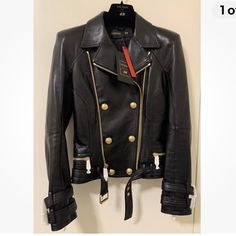 H&M Balmain Leather Jacket Size Us 4 Au 6. Never Worn. All The Metal Wrappers Are Still Intact. Comes With The Garment Bag. Luxury Long Sleeve Leather Jacket For Office, Luxury Double-breasted Leather Jacket For Spring, Designer Double-breasted Leather Jacket For Office, Luxury Double-breasted Spring Leather Jacket, Luxury Spring Double-breasted Leather Jacket, Luxury Double-breasted Leather Jacket For Fall, Designer Leather Jacket For Office In Spring, Designer Double-breasted Leather Jacket For Work, Luxury Fitted Double-breasted Leather Jacket