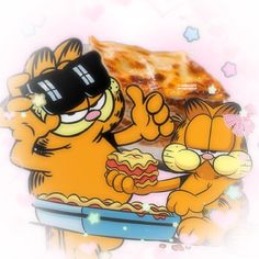 garfield the cat eating pizza with sunglasses on his head and another cartoon character behind him