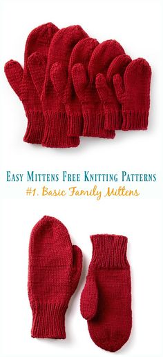 knitted mittens and gloves with text that says easy mittens free knitting patterns