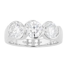 A trio of round-cut lab-created moissanite stones give this Stella Valentino three-stone ring a dazzlingly stylish look you'll love. A trio of round-cut lab-created moissanite stones give this Stella Valentino three-stone ring a dazzlingly stylish look you'll love.  Width: 6.5 mm Metal: sterling silver Plating: 14k white gold Finish: polished Packaging: boxedSTONE DETAILS Stone type: lab-created moissanite Total weight: 1 1/4 ct. Center stone size: 6 mm Shape: round Setting: prong Gemstones may Moissanite Three Stone Diamond Ring, Dazzling Three Stone Diamond Ring, Round Three-stone Moissanite Diamond Ring, Dazzling Cubic Zirconia Three-stone Ring, Silver Three Stone Ring With Lab Grown Diamonds, Silver Three Stone Lab Grown Diamond Rings, Three Stone Round Cut Cubic Zirconia Rings, Three Stone Round Cut Lab Grown Diamond Ring, Modern Three Stone Round Cut Diamond Ring