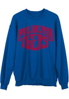 Make your way to the big game in this Philadelphia 76ersWomens Blue Fleece Crew Sweatshirt! This 76ers Long Sleeve Sweatshirt features a center front team name screen print and team logo on back. Stay warm and comfortable with this Womens Philadelphia 76ers Crew Sweatshirt. Long sleeve pullover, Ribbed collar and cuffs, Soft hand, Comfortable, 100% Cotton, 4 Throwback Sports Season Tops With Ribbed Cuffs, Blue Fan Apparel Sweatshirt For Fall, Fan Apparel Sweatshirt With Ribbed Cuffs, Team-colored Long Sleeve Sweatshirt For Winter, Fan Apparel Long Sleeve Sweatshirt With Ribbed Cuffs, Long Sleeve Sweater With Ribbed Cuffs For Game Day, Fan Apparel Sweater With Ribbed Cuffs, Fan Apparel Long Sleeve Sweater With Ribbed Cuffs, Throwback Long Sleeve Tops For Game Day