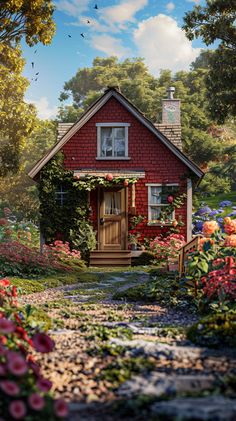 a painting of a red house surrounded by flowers