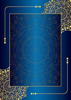 a blue and gold background with an ornate design in the middle, on top of it