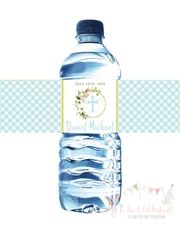 a bottle of water with a cross on the top and blue stripes in the background