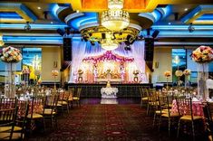 a banquet hall set up for an event