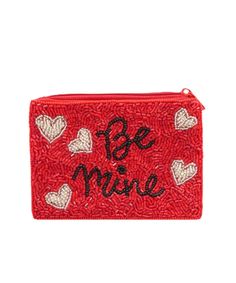 a red purse with hearts and the words be mine embroidered on it's side