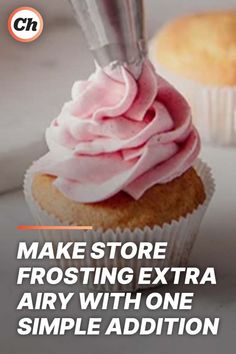 a cupcake being frosted with icing on top of it and the words make store frosting extra fairy with one simple addition