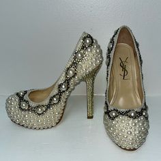 Ysl Heels. Covered In Pearls And Rhinestones. Some Minor Signs Of Wear. Size 5. Ysl Heels, Yves Saint Laurent Shoes, Saint Laurent Shoes, Cream White, Shoes Women Heels, Yves Saint Laurent, Saint Laurent, Shoes Heels, Women Shoes