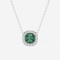 5.7x5.5 mm Cushion Cut Created Emerald and 1/5 ctw Round Lab Grown Diamond Halo Pendant with Adjustable Chain Platinum Green Emerald Necklace With Diamond Halo Setting, Green Emerald Diamond Necklace With Round Pendant, Silver Emerald Pendant Necklace With Clavicle Chain, Luxury Silver Pendant Emerald Necklace, Green Emerald Pendant Necklace In Sterling Silver, Halo Pendant, Diamond Halo, Cushion Cut, Halo Diamond