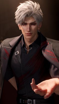 an image of a man with white hair holding his hand out to the side,