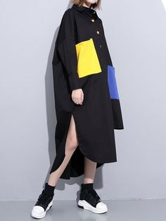 Long Sleeves Loose Asymmetric Buttoned Contrast Color Pockets Lapel Midi Dresses Shirt Dress Leisure Fashion, Long Sleeve Evening Dresses, Casual Stylish, Midi Shirt Dress, White Shirt Dress, Black Shirt Dress, Fashion Seasons, Evening Dresses Long, Leggings Shop