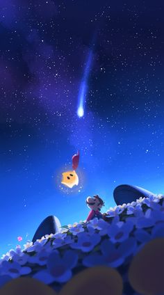 a cartoon character flying through the air next to another character in front of a sky full of stars