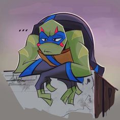 a drawing of a teenage mutant with his head in a backpack and eyes closed, sitting on top of a wall