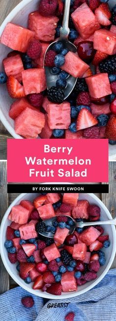 berry watermelon fruit salad in a bowl with berries and blueberries on the side