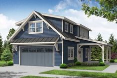 a blue two story house with white trim