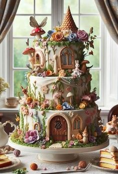 there is a large cake decorated with flowers and animals