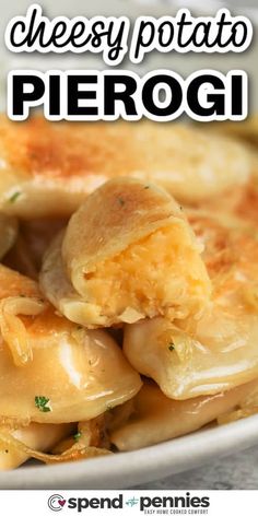 a close up of food on a plate with the words cheesy potato pier