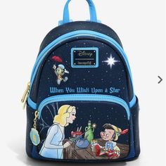 a blue backpack with an image of the characters from disney's animated movie, when you wish upon a star