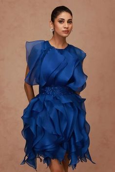 Shop for Shriya Som Blue Ruffled Silk Organza Dress for Women Online at Aza Fashions Organza Ruffle Dress, Short Dress For Women, Silk Organza Dress, Blue Ruffle Dress, Blue Organza, Organza Dress, Dress With Belt, Silk Organza, Modern Dress