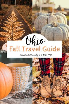 fall travel guide with pumpkins, boots and leaves