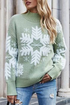 Sweet Snowflake High Neck Sweater Christmas Tie Dye, Knitwear Trends, Autumn Knitwear, Turtleneck Style, Nye Outfits, Sweater Trends, High Neck Sweater, Long Sleeve Knit Sweaters, Maternity Sweater