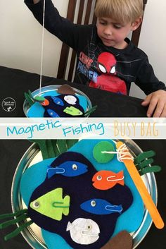 this is an image of a boy playing with magnet fishing