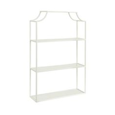 a white shelf with three shelves on each side and an arched design at the top