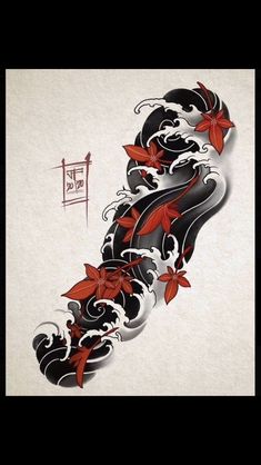 an artistic tattoo design with red flowers on white paper