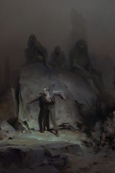 a painting of a man standing in front of some rocks with his arms spread out