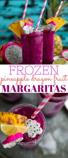 frozen pineapple dragon fruit margaritas in glasses with strawberries and garnishes