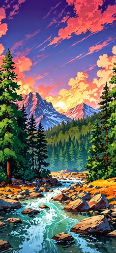 a painting of a mountain river and trees