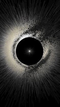 a black hole in the middle of space with white and gray lines coming out of it