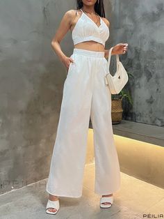 Peilia - Sophisticated Solid 2-Piece Ensemble: Backless Halter Top and High-Waist Wide Leg Pants for Women Chic Two-piece Set For Day Out, Chic Two-piece High Waist Bottoms, Chic Two-piece Set With Wide-leg Pants, Elegant High Waist Two-piece Bottoms Set, Solid High-waisted Pants Sets For Summer, Solid Color Wide Leg Beach Sets, Casual Two-piece High Waist Set, Chic High Waist Two-piece Bottoms, Solid Color Wide Leg Sets For The Beach