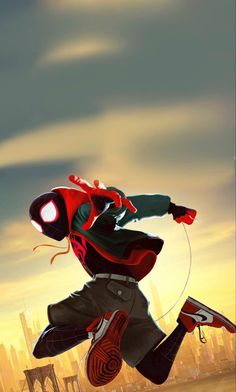 spider - man into the spider - verse movie poster, with an animated character in mid air